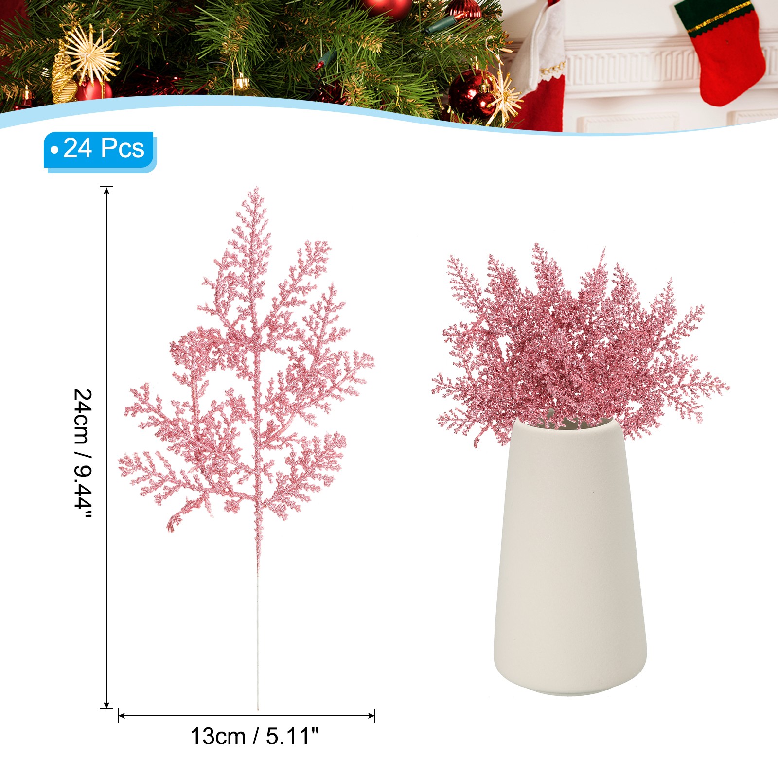 24 Pcs Glitter Artificial Pine Needles, Glitter Pine Stems Pink