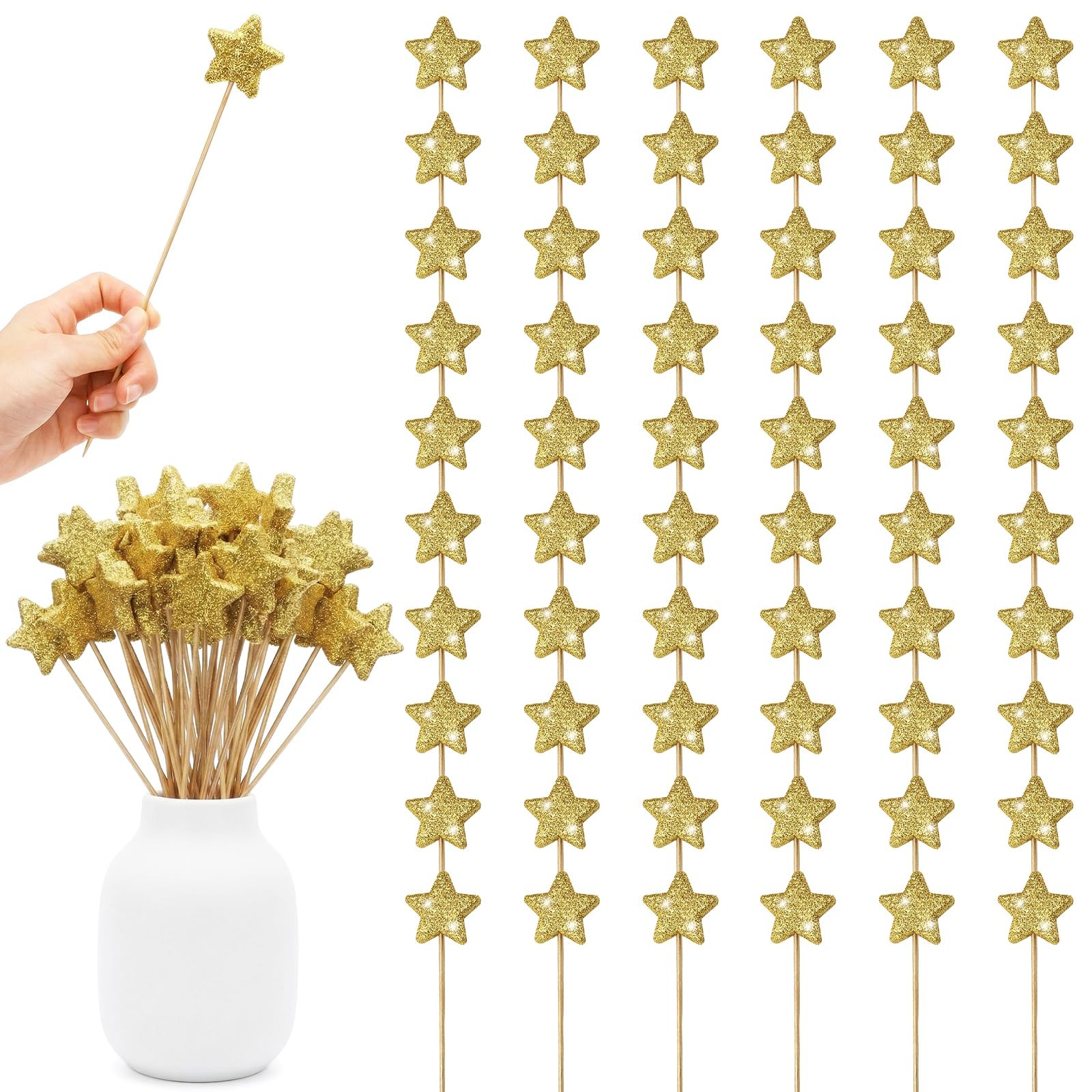 60 PCS Golden Glitter Star Floral Picks, 8.5 Inch Sparkly Foam Star with Wood…