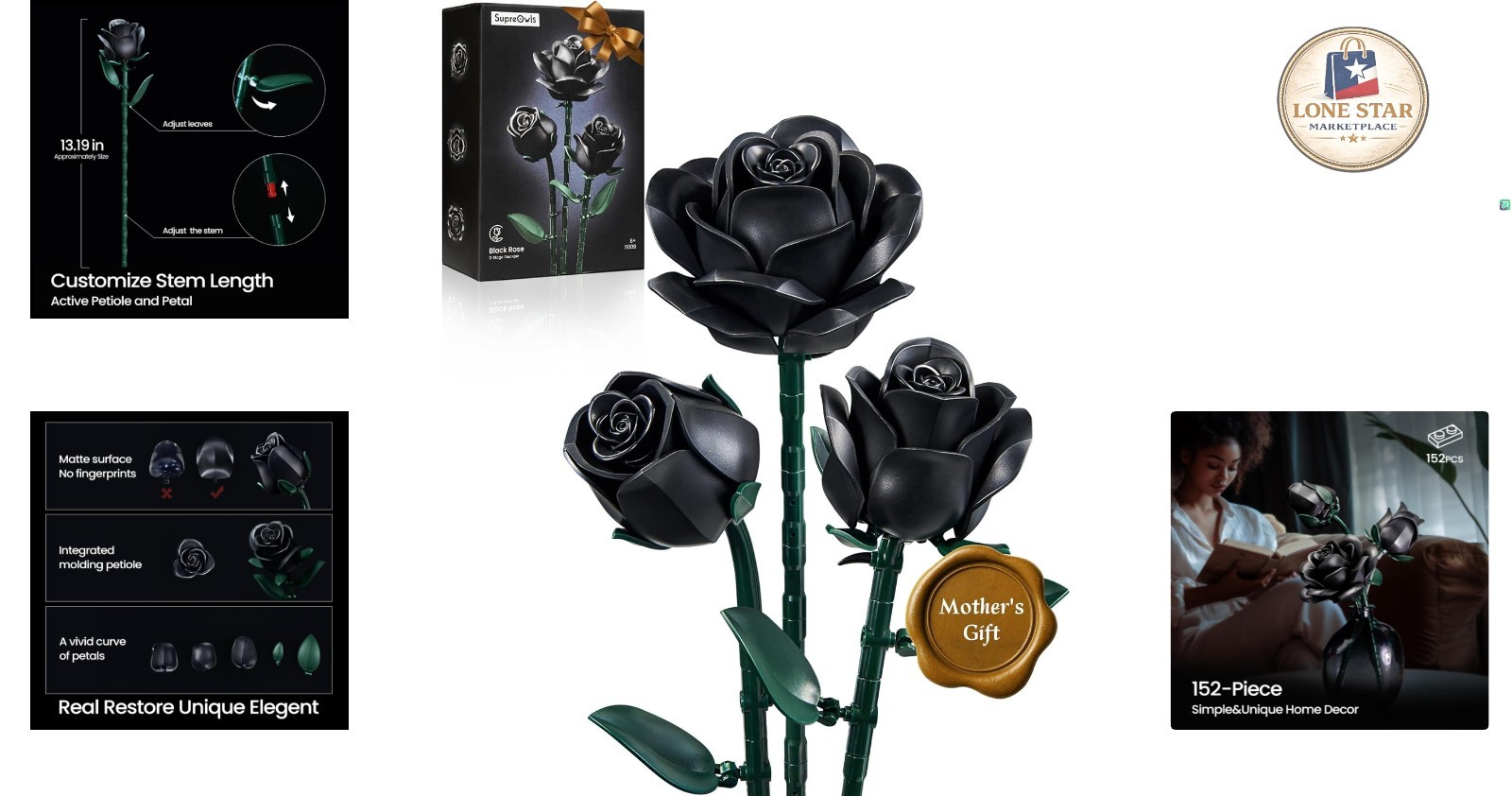 Elegant Black Roses Building Set – 3 Stages, Perfect Gift for Any Occasion