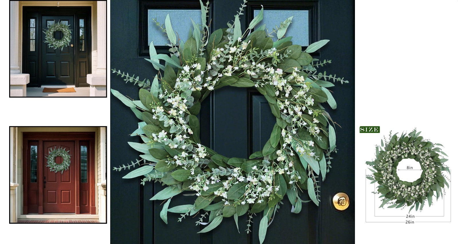 26-Inch Eucalyptus and Babys Breath Wreath for Front Door All-Season Indoor O…