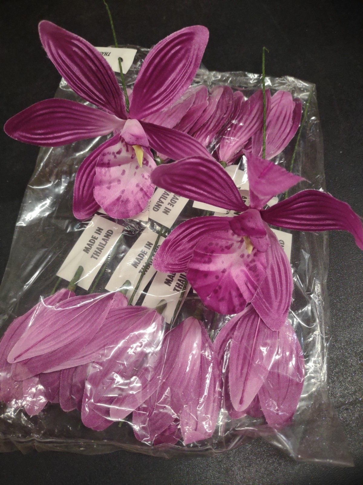 12 Stems 1970s Vintage Silk Orchids, 9″ Cymbidium Orchid Flower Pick Plum Purple