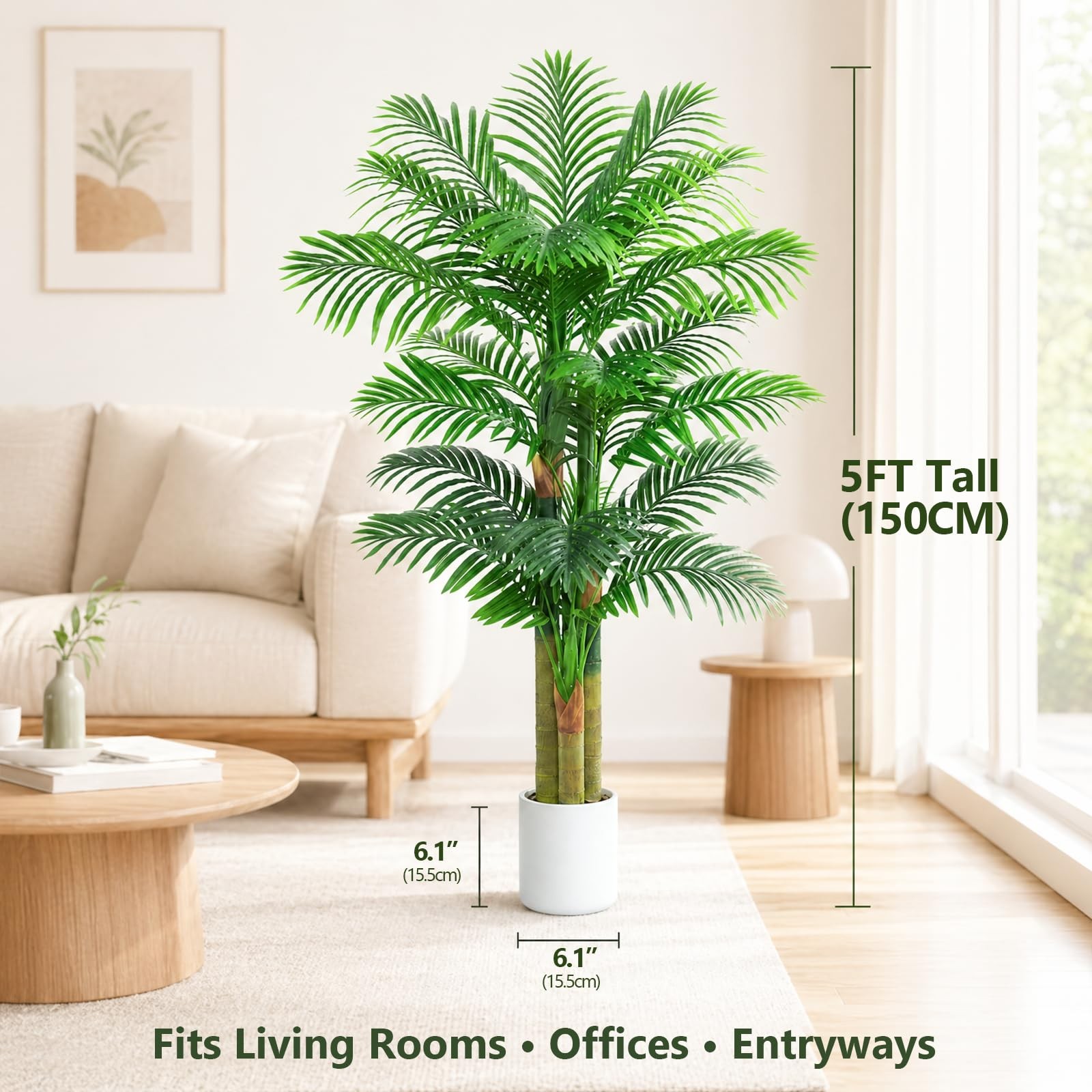 5FT Artificial Golden Cane Palm Tree, UV Resistant Faux Palm Plant with Reali…
