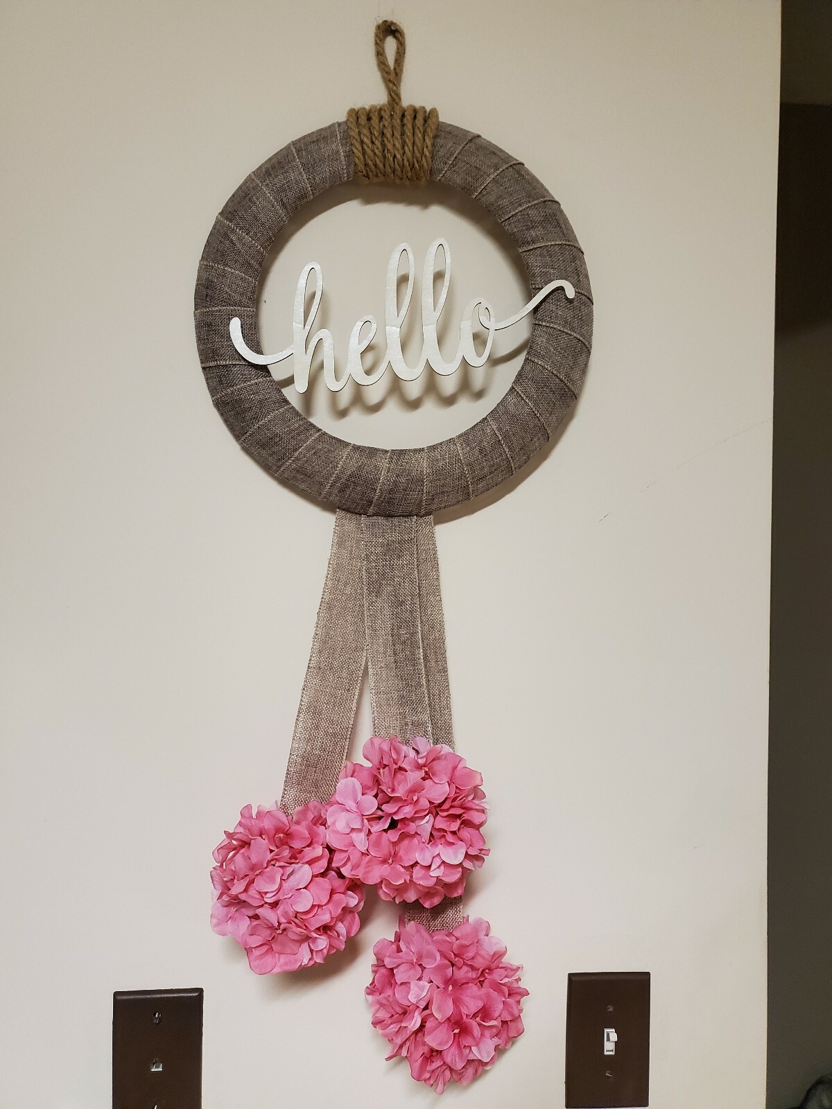 HELLO wreath FLOWER Pink Hydrangeas burlap Decor Front Door Nautical Rope hook