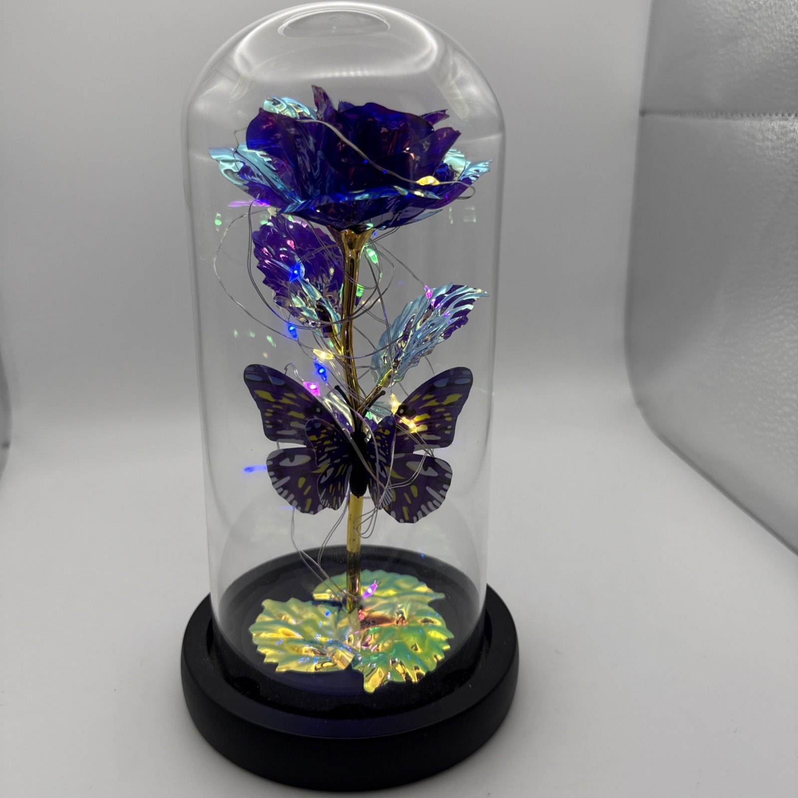 Purple Rose Flower & Butterfly in Glass Dome Cloche LED Lighted Floral Display