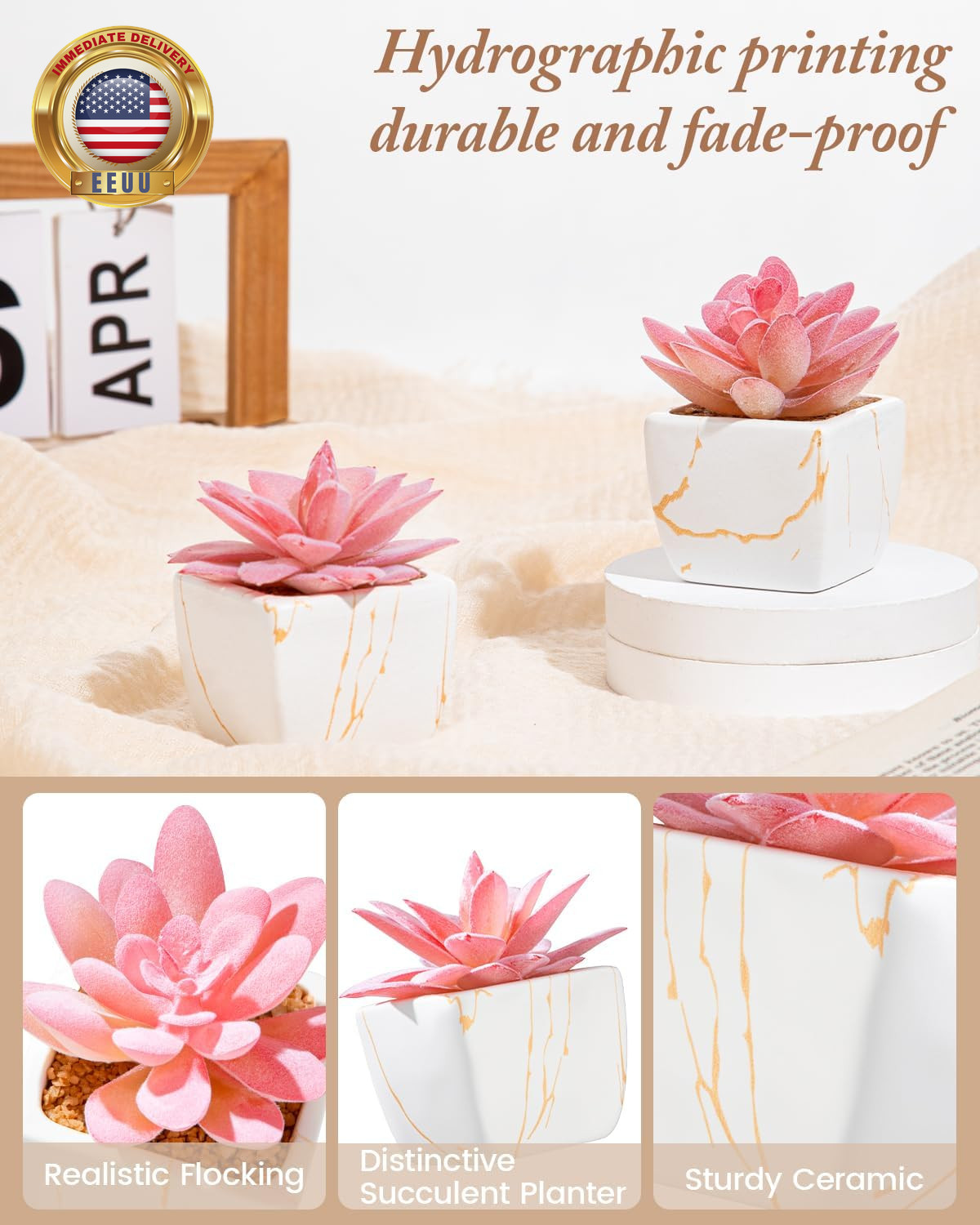 Artificial Succulent in 2PCS White Ceramic Pot, Small Fake Succulents Plants for