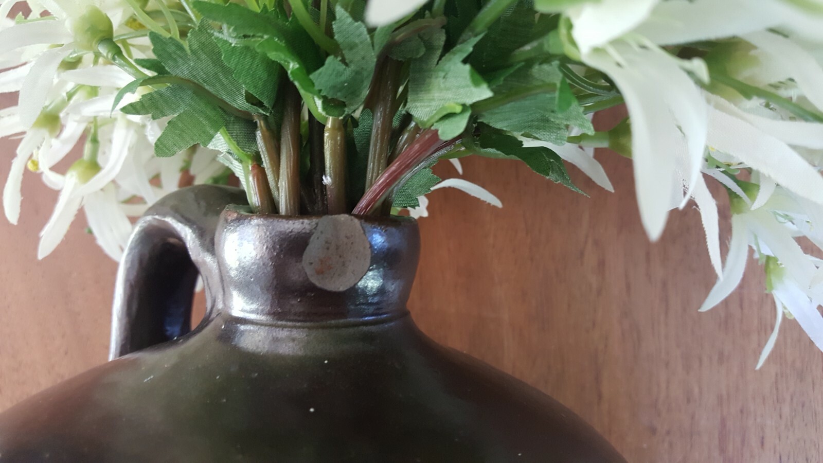 Antique Salt Glazed Stoneware Handled Whiskey Jug White Floral Stem Decor