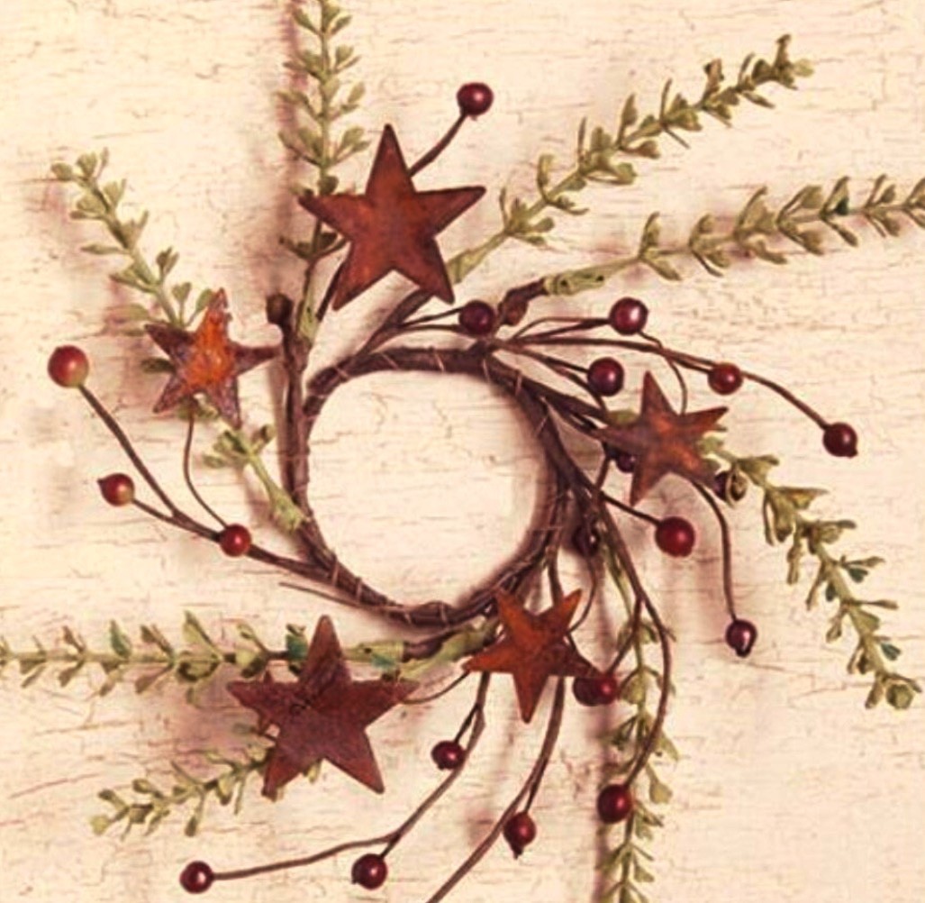 Set 2 -Primitive Rusty Star Herb Burgundy Berries Candle Ring Mini Wreath