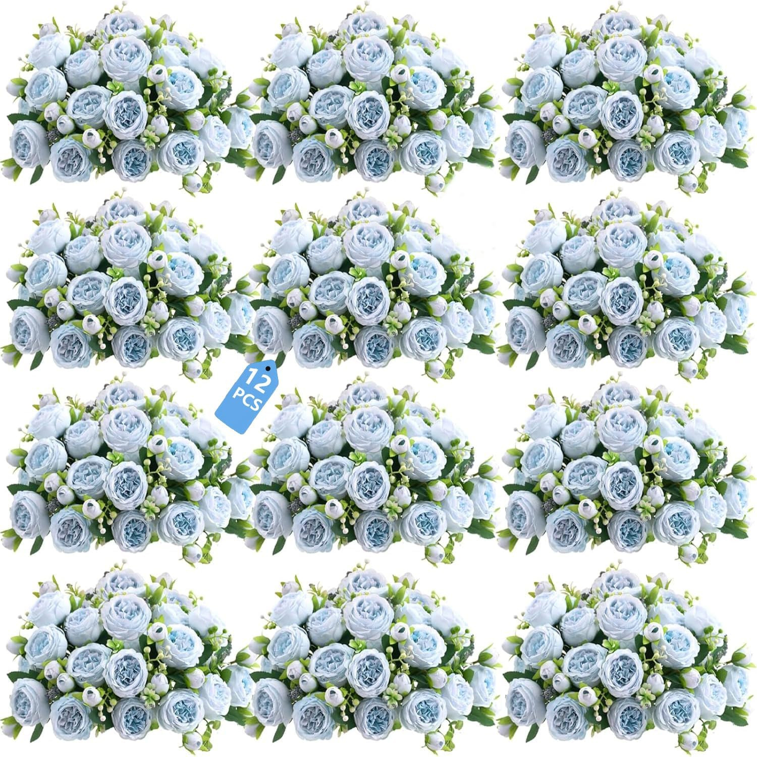 12 Bundles Peonies Artificial White Flowers Bouquet, Lifelike Silk Fake Peonies