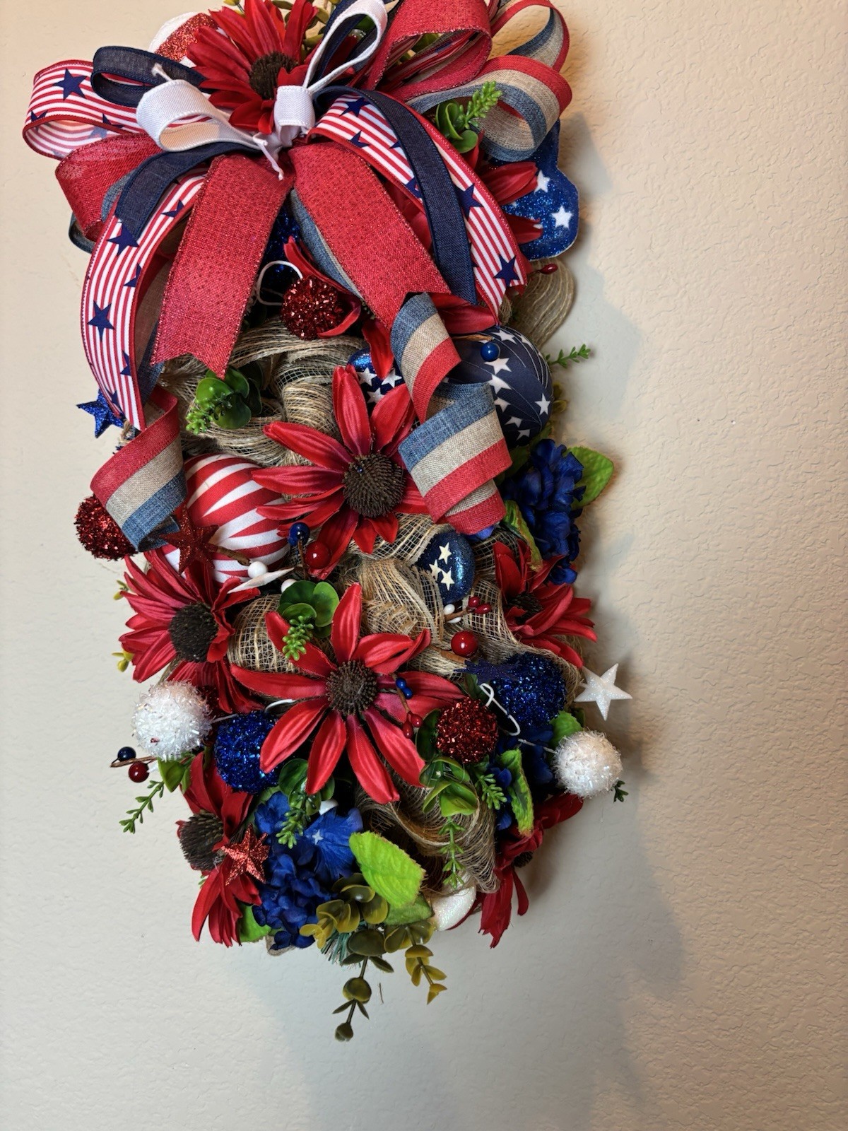 Patriotic Swag Wreath Red White Blue 4th July Door Decor Americana Bow