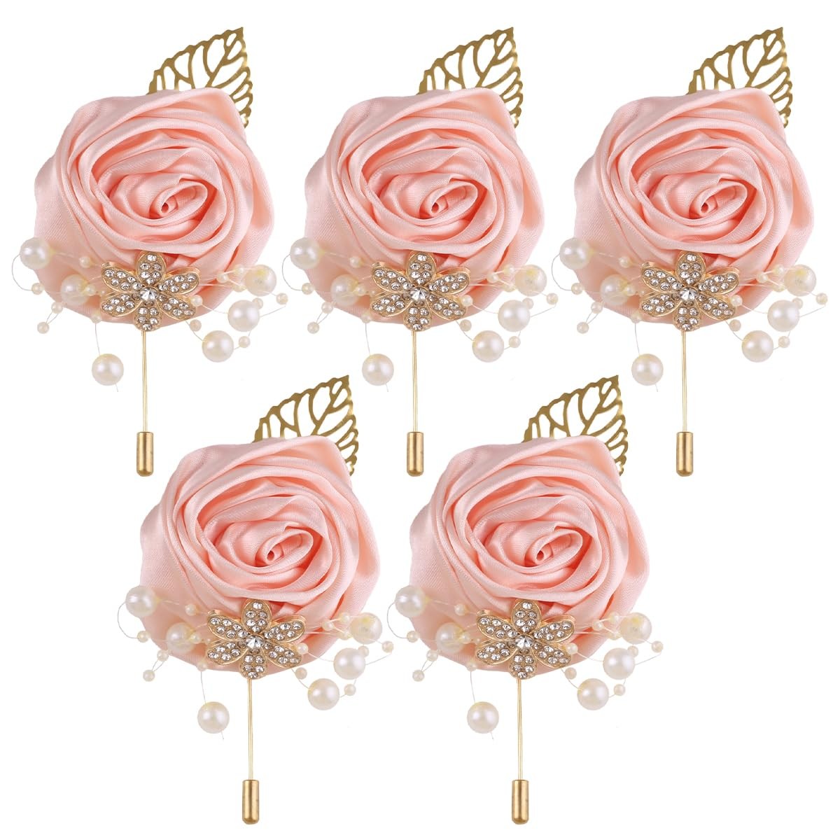 5 PCS Artificial Boutonniere Gold Leaf Faux Silk Rose Corsage Wedding Prom
