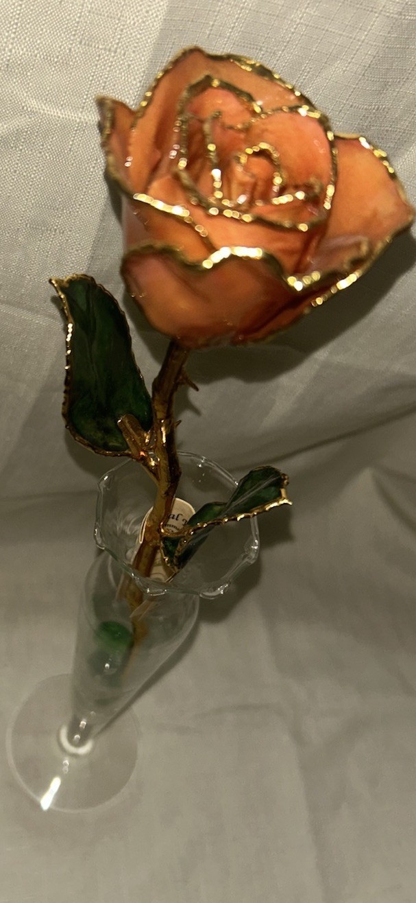 24K Gold Trimmed Real Peach Forever Rose Crystal Vase Green Glass Keepsake
