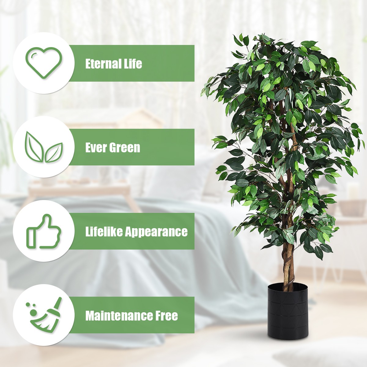 6 Feet Artificial Ficus Silk Tree Home Decor Wood Trunks Green Living Room