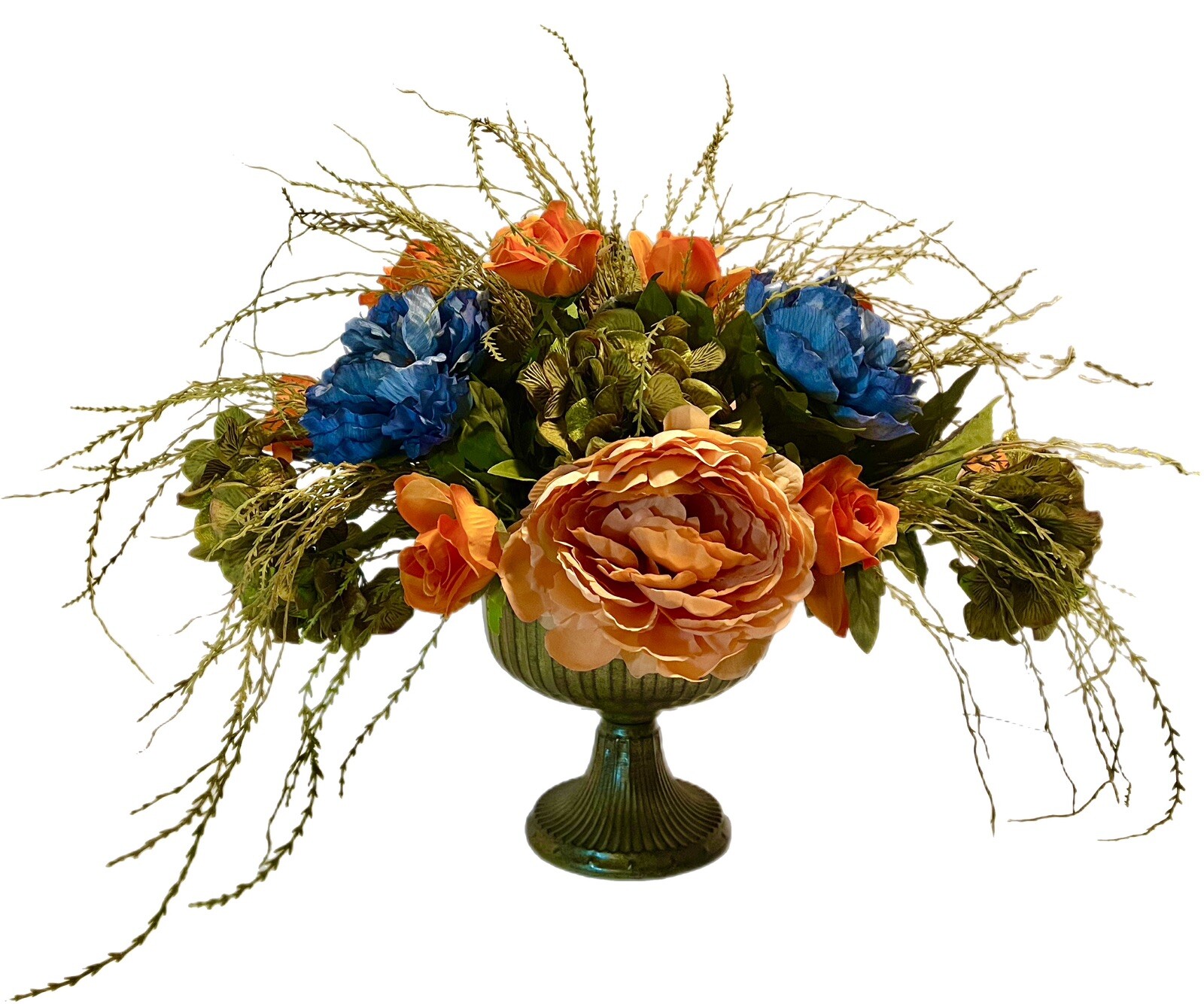 Floral arrangement Blue Orange Olive 22” Peony Rose Hydrangea Modern Centerpiece