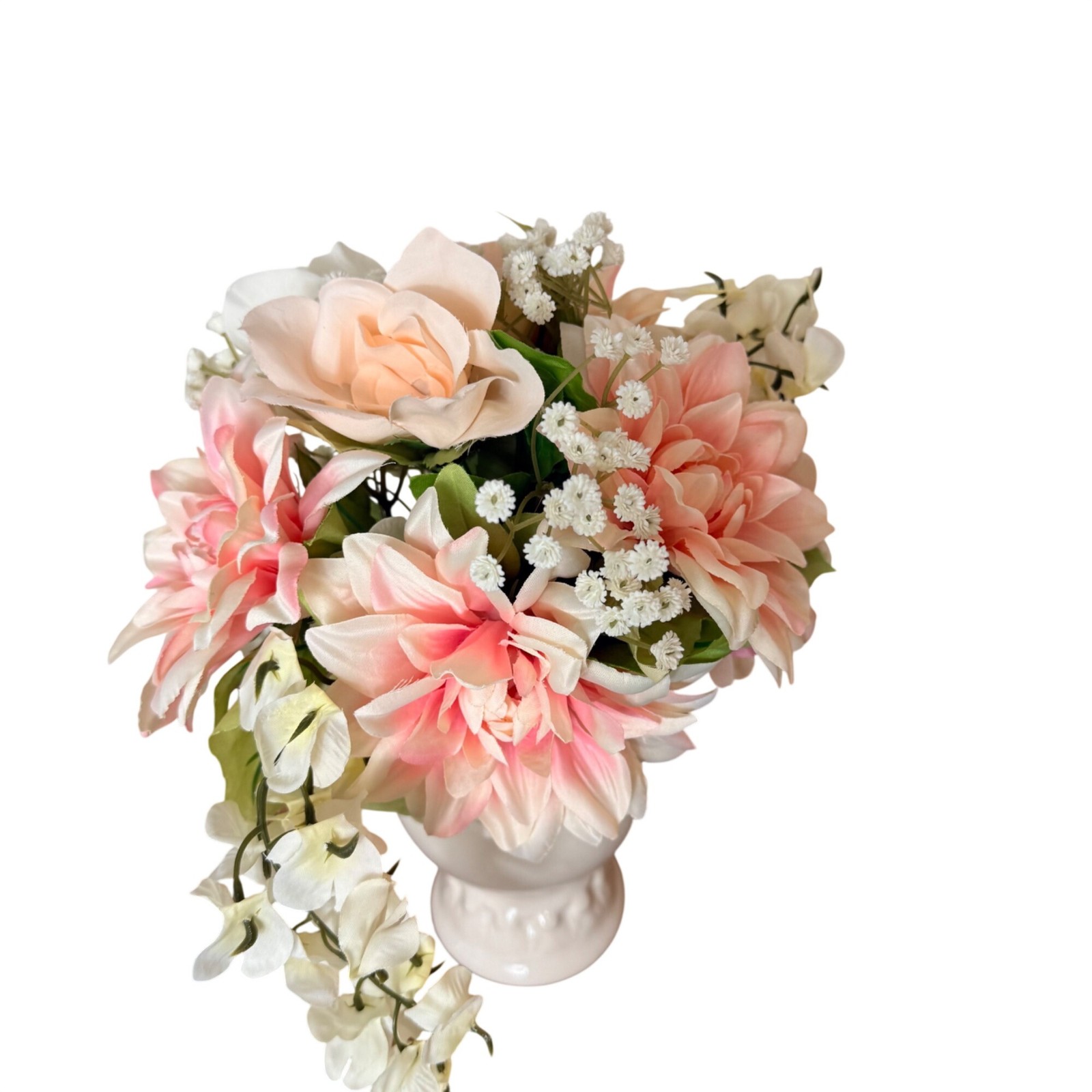 Vintage Faux Floral Arrangement White Ceramic Pedestal Vase Pink Peonies Decor