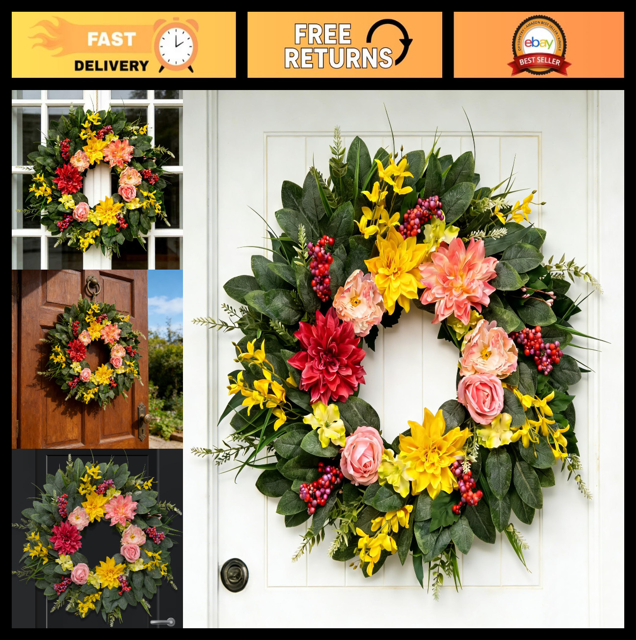 24″ Eucalyptus Wreath with Sunflowers & Daisies – All Season Door Decor, Indoor/