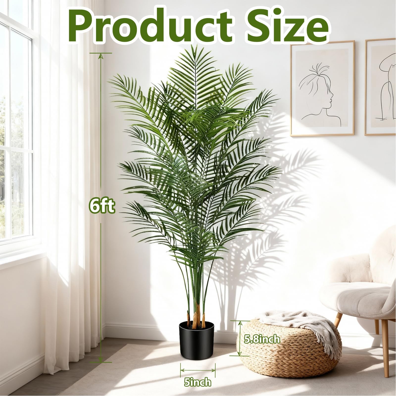 Artificial Palm Tree Indoor 6ft, Large Fake Tropical Areca Palm Tree with 18 …