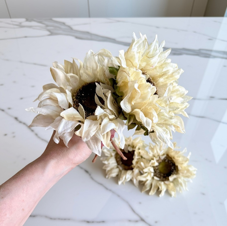 Set of 5 Cream Faux Sunflower Picks Soft Fabric Petals Wrapped Stems 9″ Tall