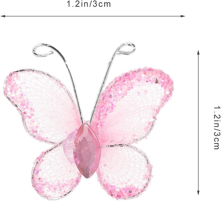 50Pcs Small Pink Butterflies Craft Pieces DIY Sheer Mesh Wire Glitter Butterfly