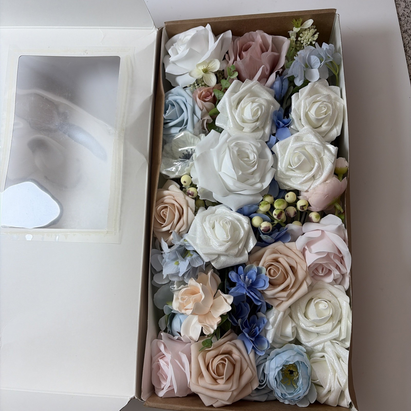 Ling’s moment Fake Flowers Box, Faux Artificial Greenery Stems Foam Roses Poppy