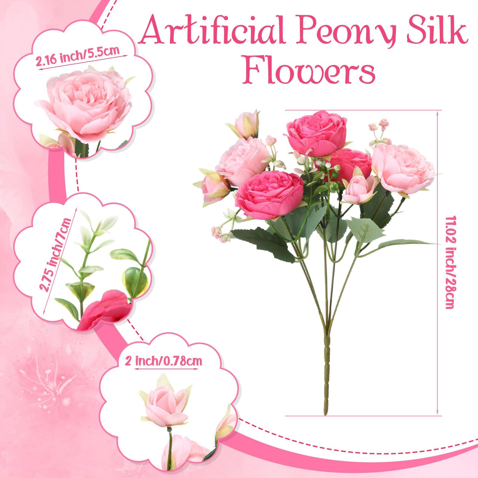 8 PCS Artificial Peonies Flowers Silk Peony Bouquet Floral Rose Pink Decor
