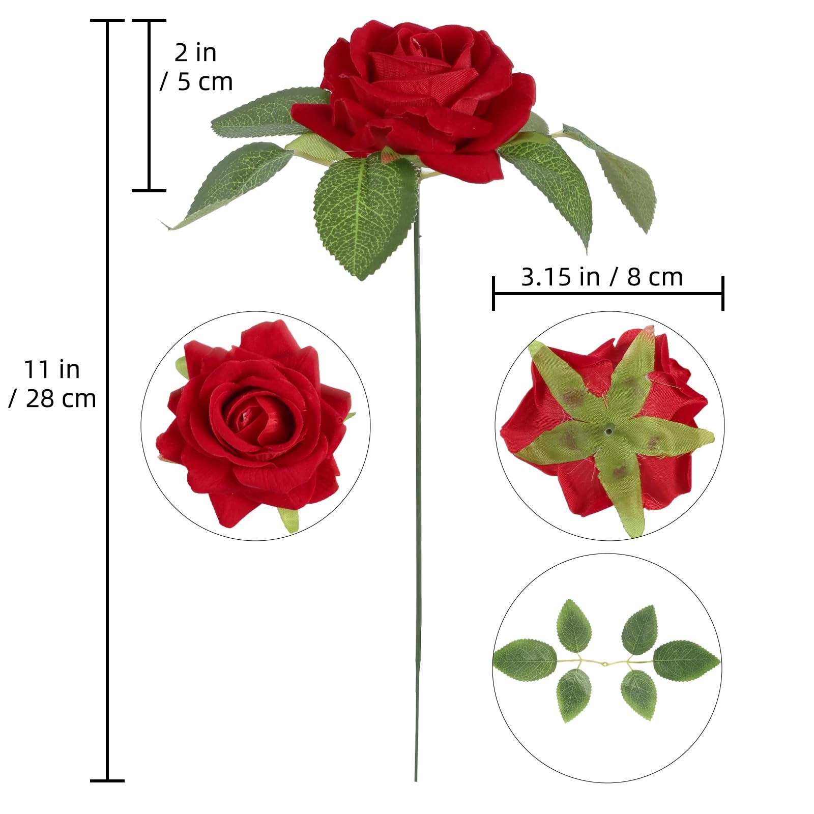16 PCS Red Artificial Velvet Roses 3.15 Inch Fake Flowers Bridal Bouquet