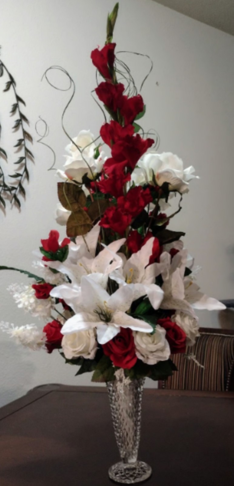 “Red Carpet” 28″ Red & White Silk Flower Arrangement in Crystal Vase