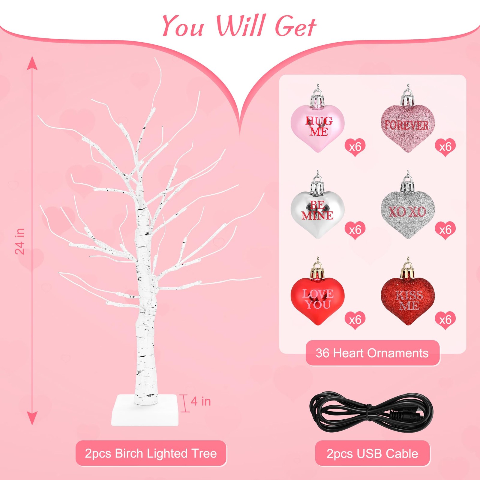 LED Birch Tree Decor with Hearts, 24″ Tabletop, Timer, USB & Battery Operated