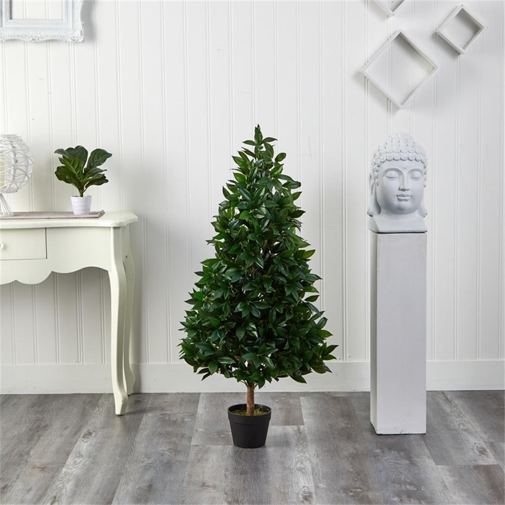 Pemberly Row 48″ Bay Leaf Artificial Topiary Tree UV Resistant in Green/Black