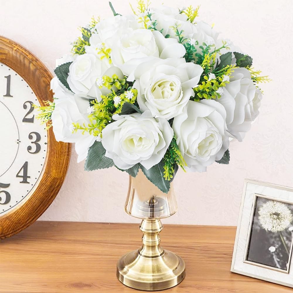 10Pcs Artificial Rose Balls for Centerpieces (White) | 15 Flower Heads, Plastic