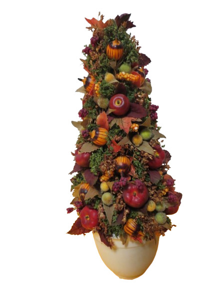 Fruit And Floral Christmas Style Tree Figure 13″T Artificial In Bisque Pot