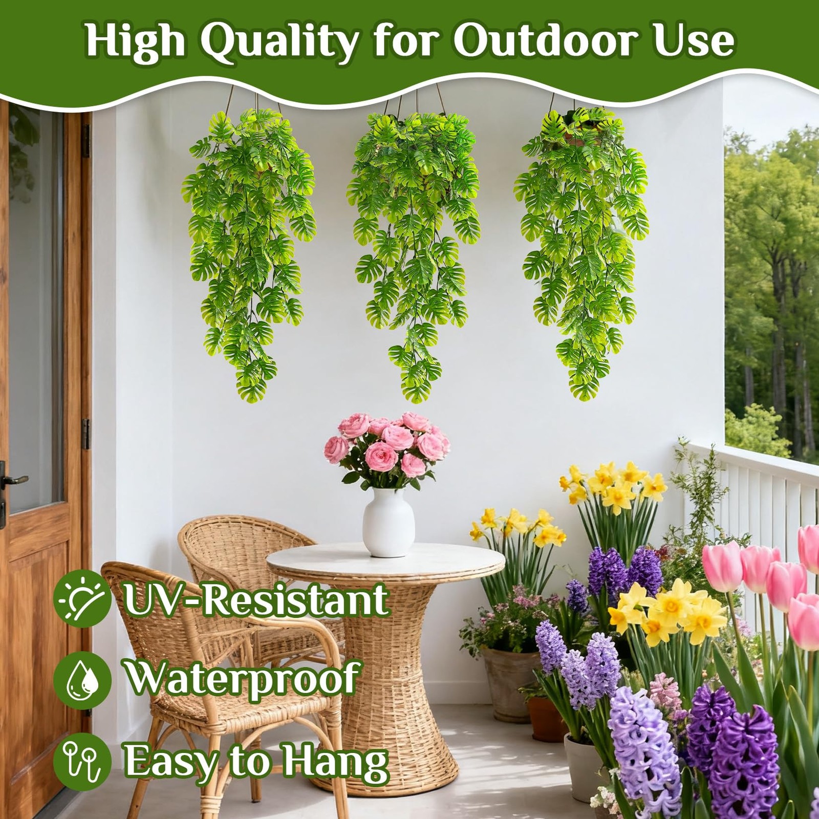 3PCS Fake Hanging Plants – 27.5″ Uv Resistant Artificial Monstera Vines with …