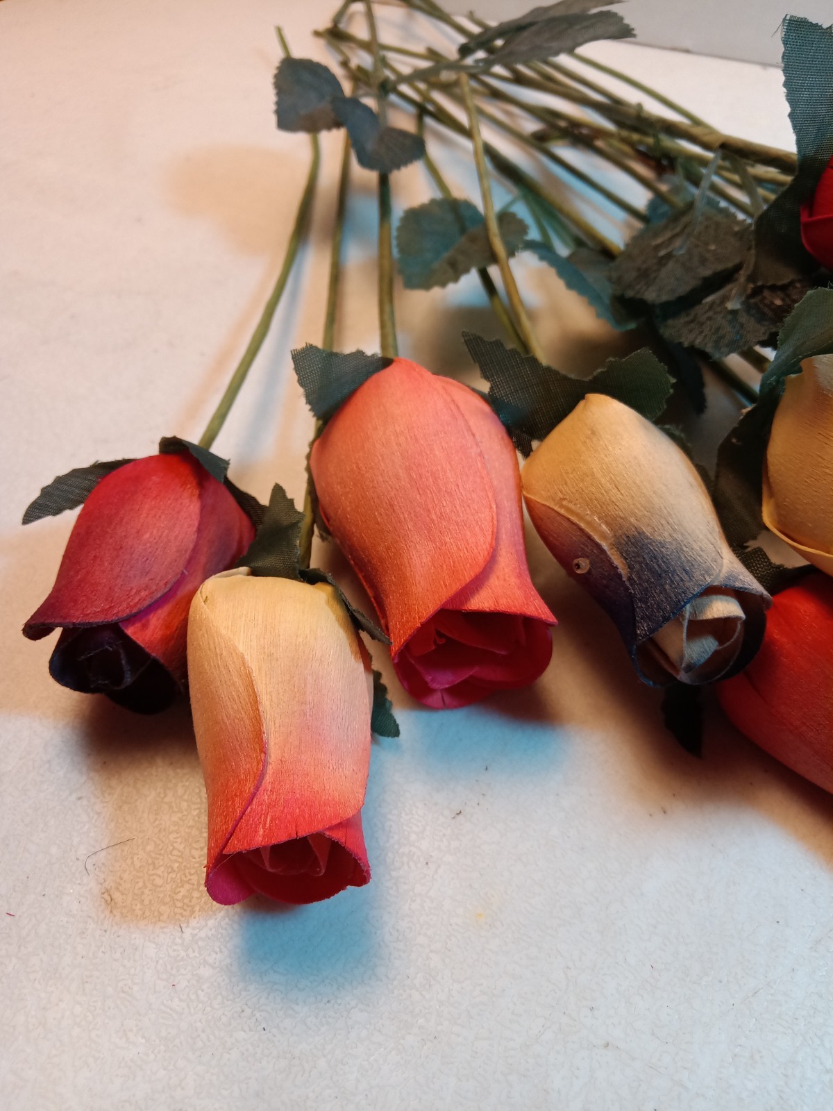 Bundle Of 17 Shaved Wood Rose Buds on stems, Assorted Colors