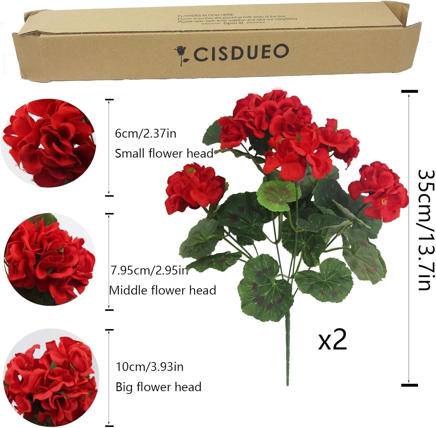 2 Pcs Artificial Geraniums Silk Flowers Outdoor Artificial Red Geranium Bush Fa
