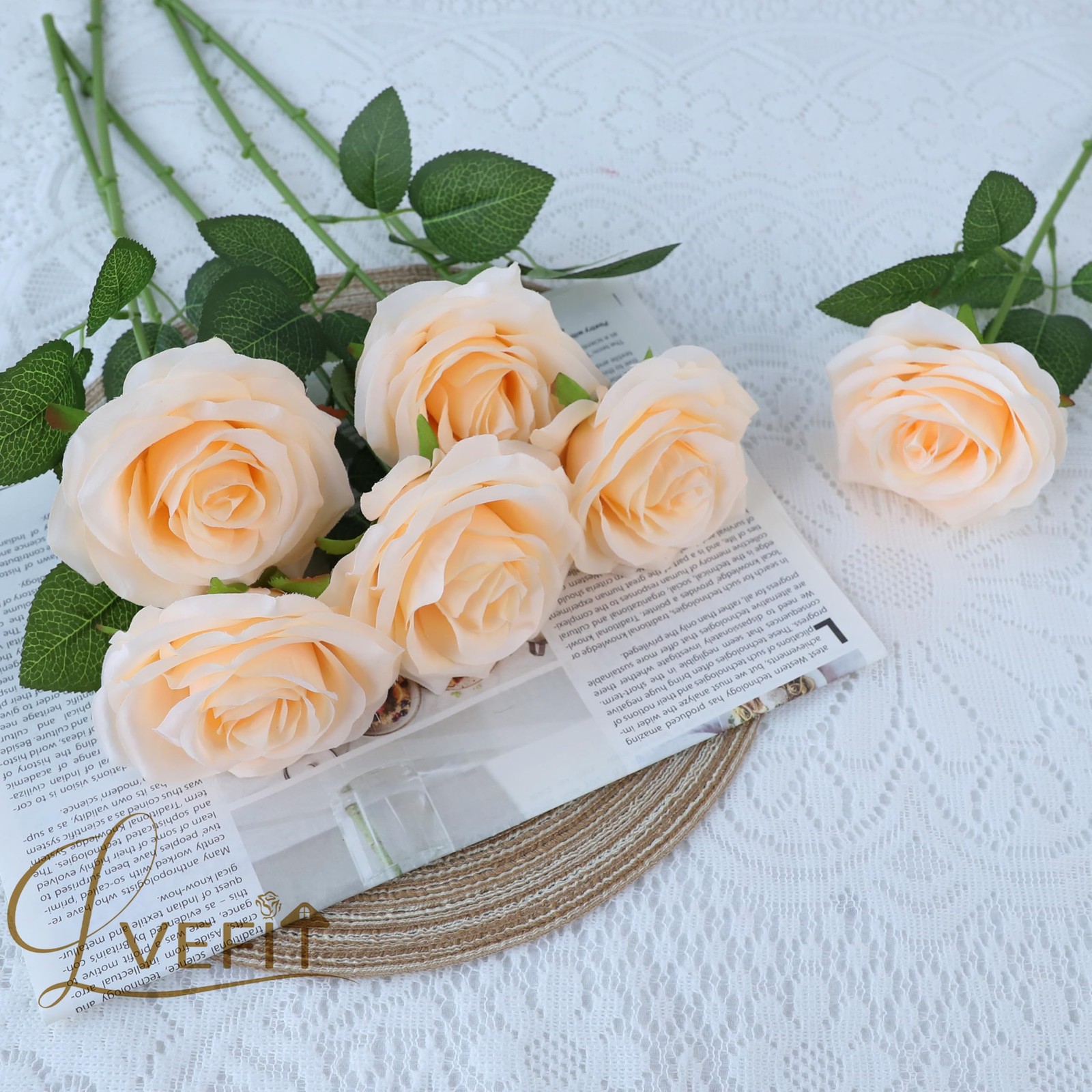 12pcs Artificial Rose Flower Champagne Flower With Long Stem Silk Roses Bouquet
