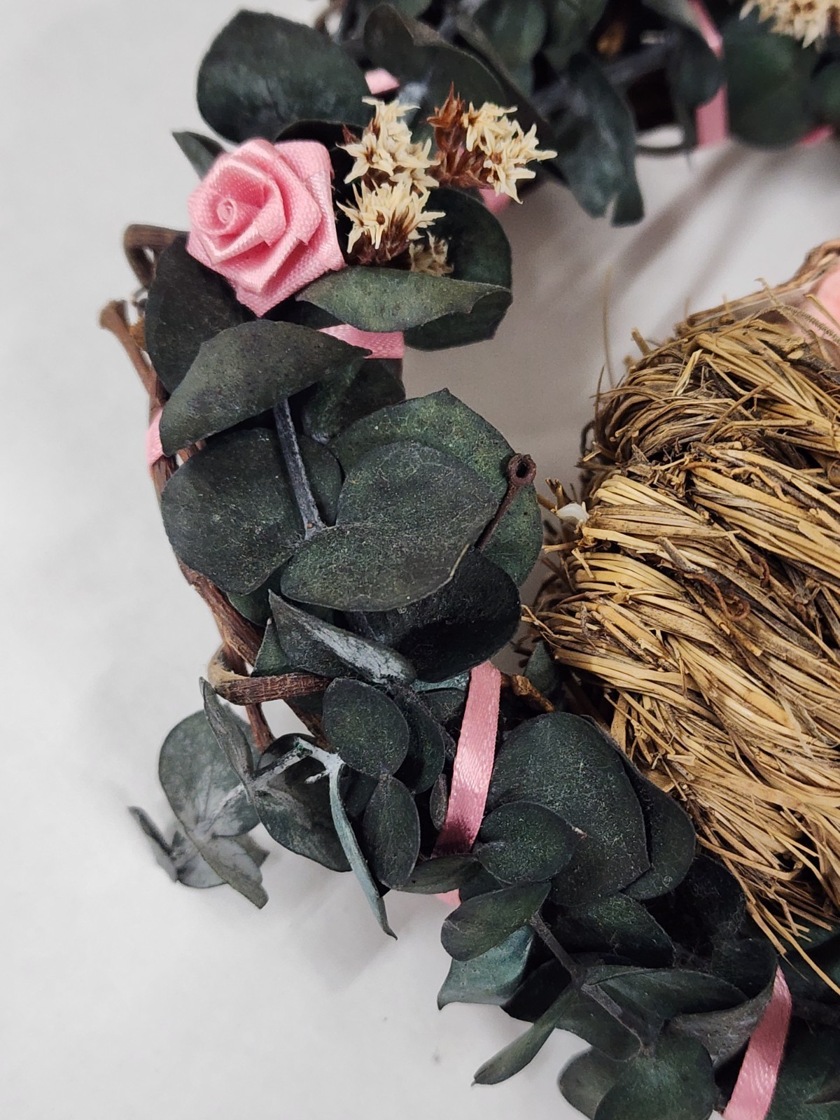 Vintage Small Bird Nest Wreath Wall Hanging Cottagecore Floral Pink Ribbon