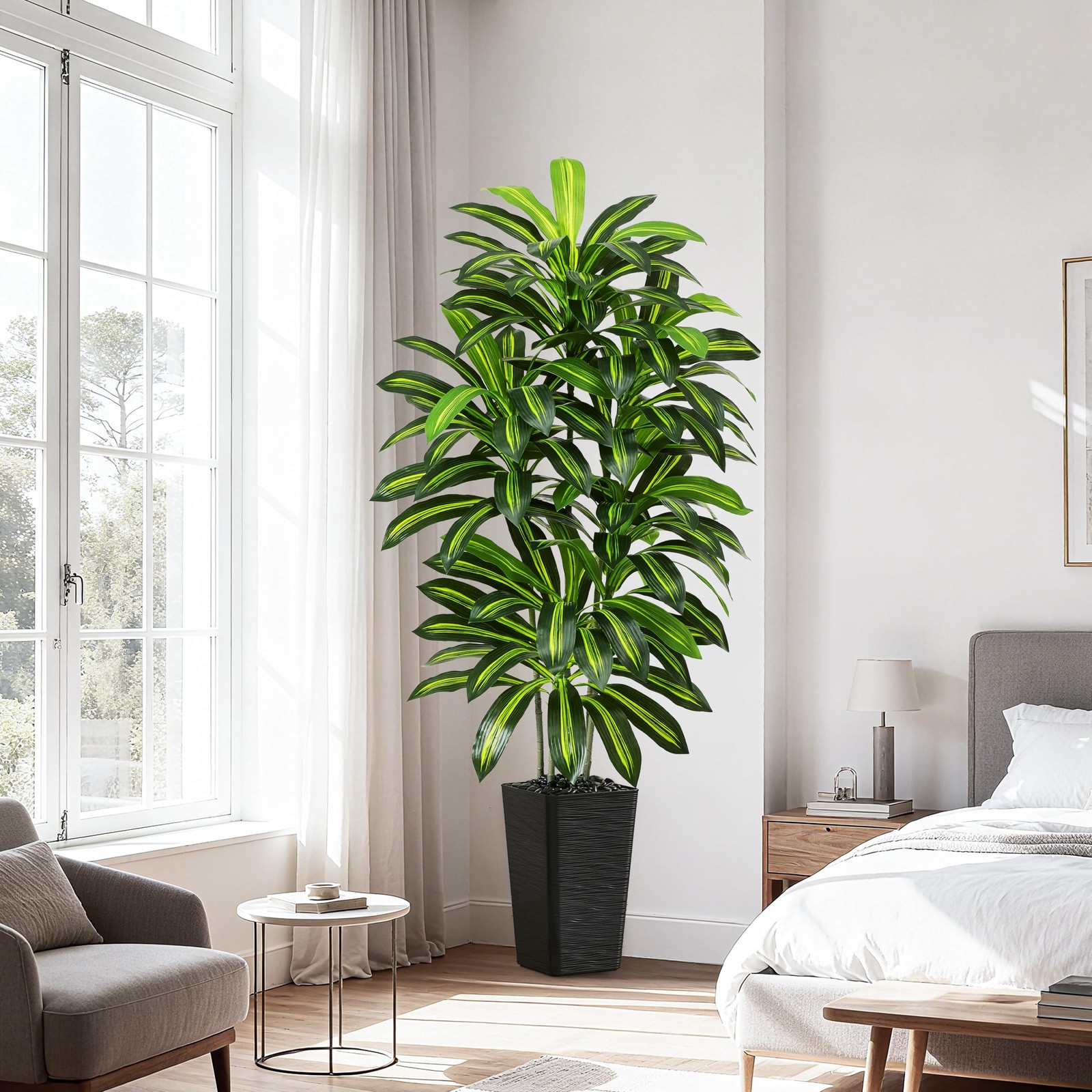 Artificial Dracaena Tree – 6FT Tall Fake Plants with Black Square Planter – A…