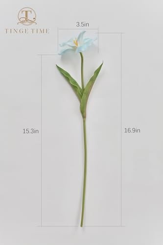 10pcs Fake Flowers, 15.3″ Blooming Tulips Artificial Flowers, Real Light Blue