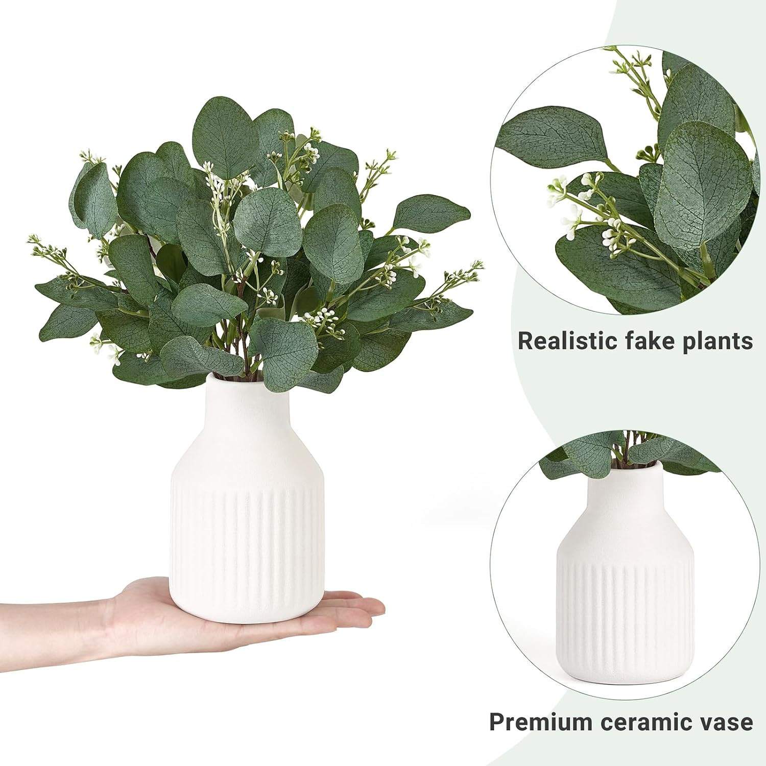 Fake Eucalyptus Plants in White Vase for Bathroom Coffee Table Decor | Ceramic,
