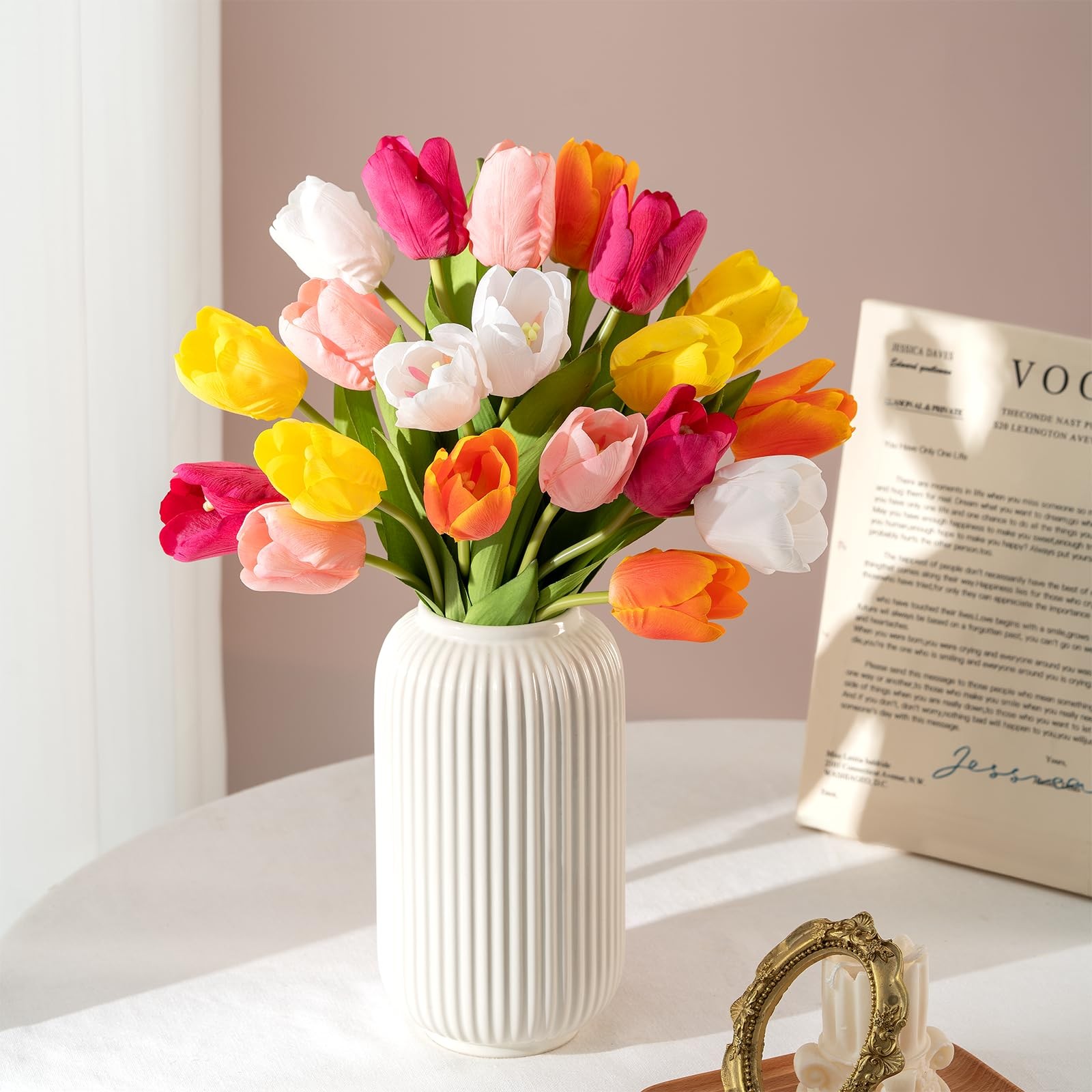 Artificial Tulips – 20 Stems Real Touch Realistic Fake Tulip Flowers, Premium…