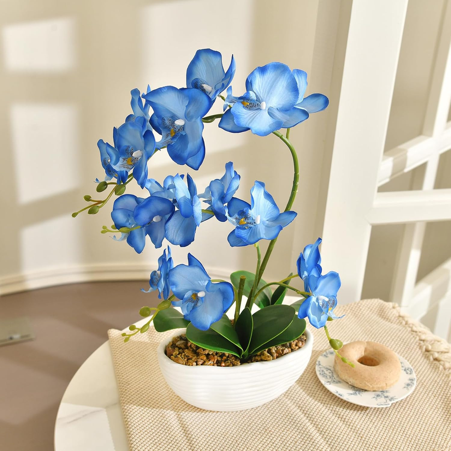 Blue 19″ Faux Phalaenopsis Orchid in Ceramic Pot – Elegant Silk Floral Centerpie