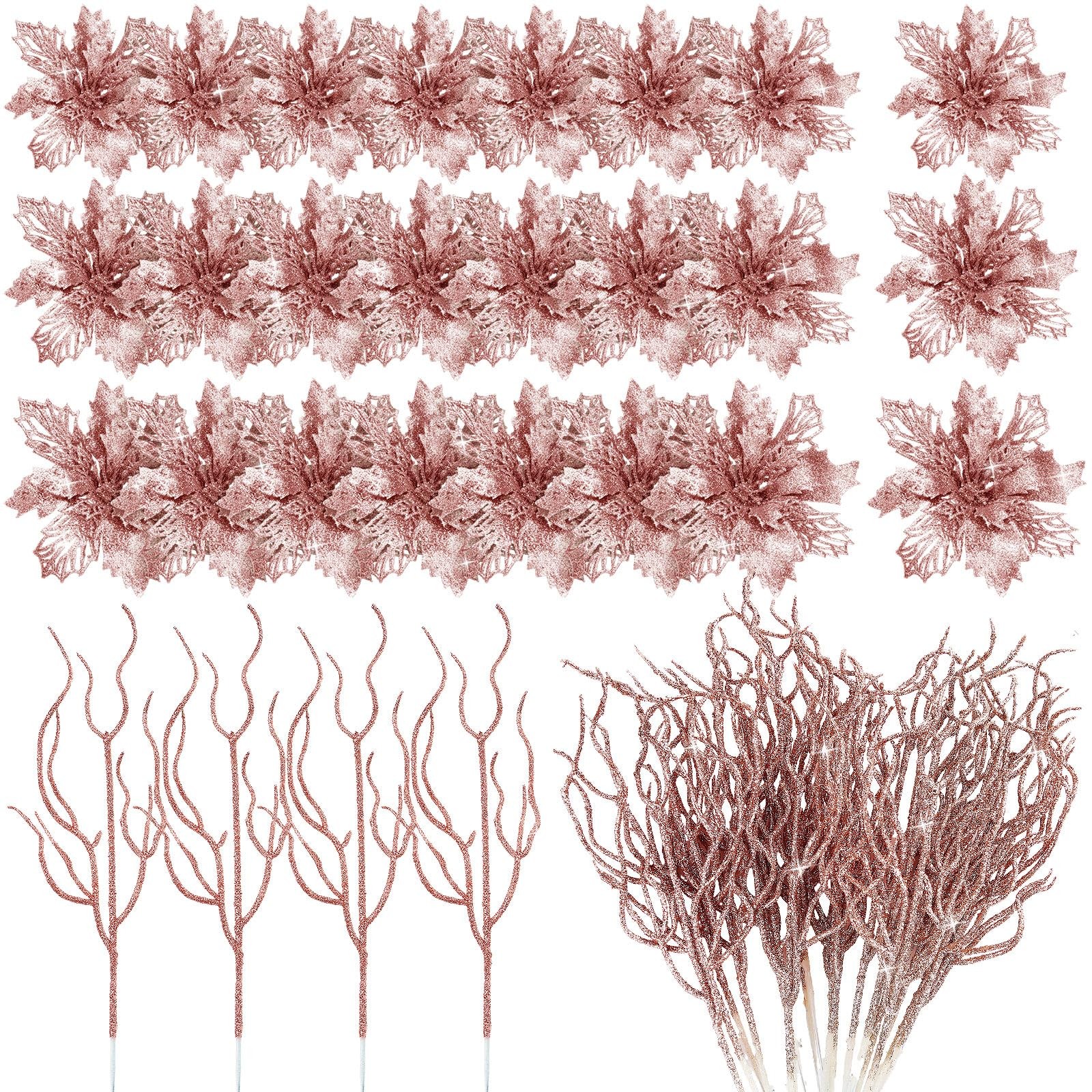 48 Pcs Rose Gold Glitter Poinsettia Artificial Flower Twig Christmas Decor