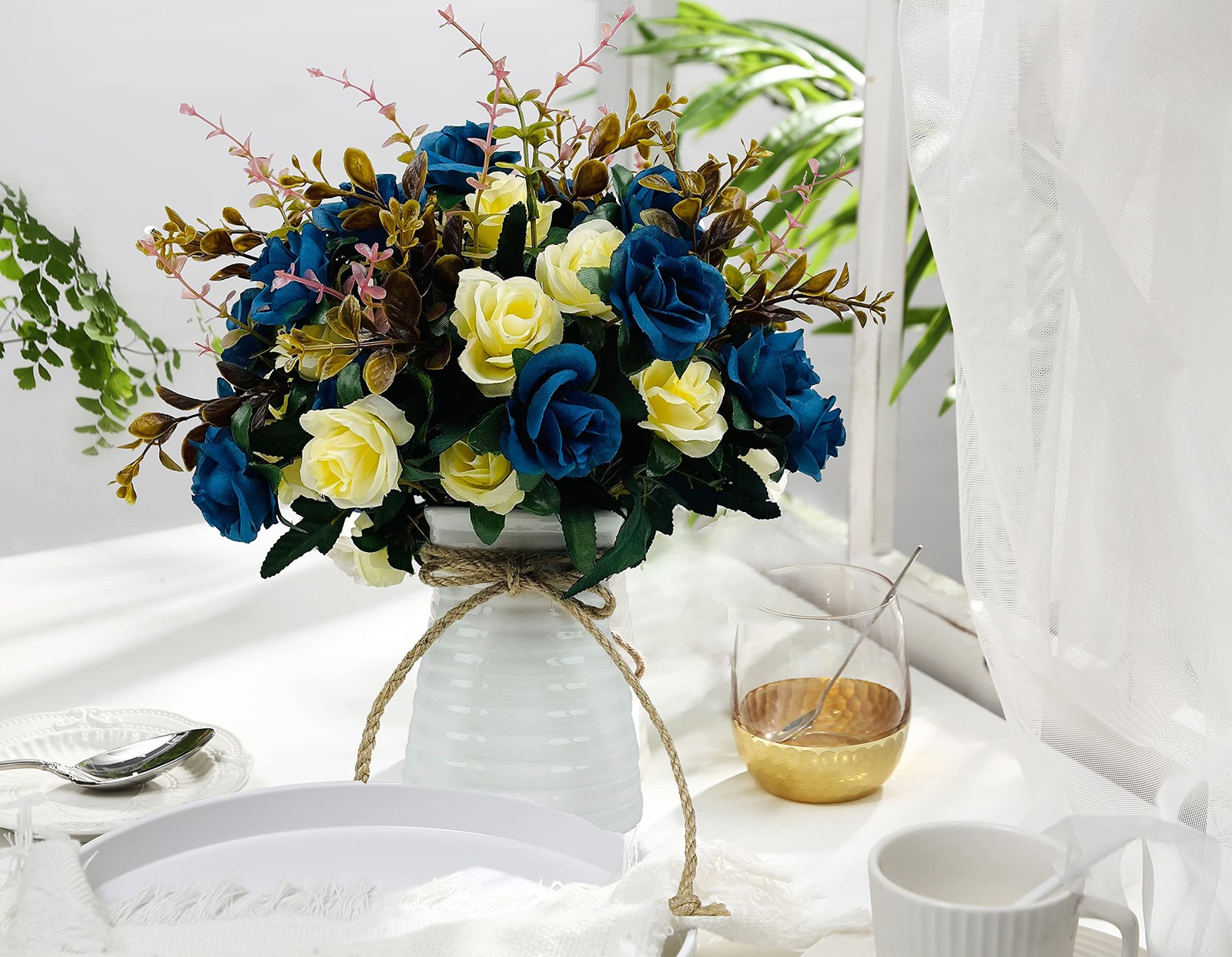 Artificial Flowers with Vase Faux Flower Arrangements Table Centerpieces Set