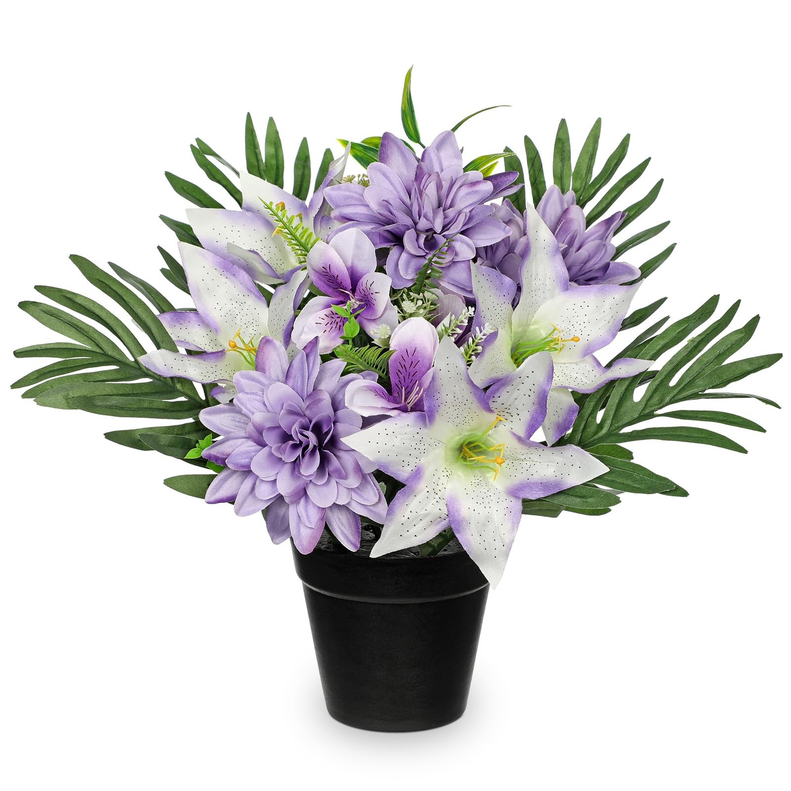 Artificial Cemetery Flower for Graves, White Purple Faux Lily Dahlia Flowers …