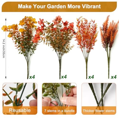 Artificial Fall Flowers for Outdoor, 16 Bundles Fake Fall Yellow Light Orange