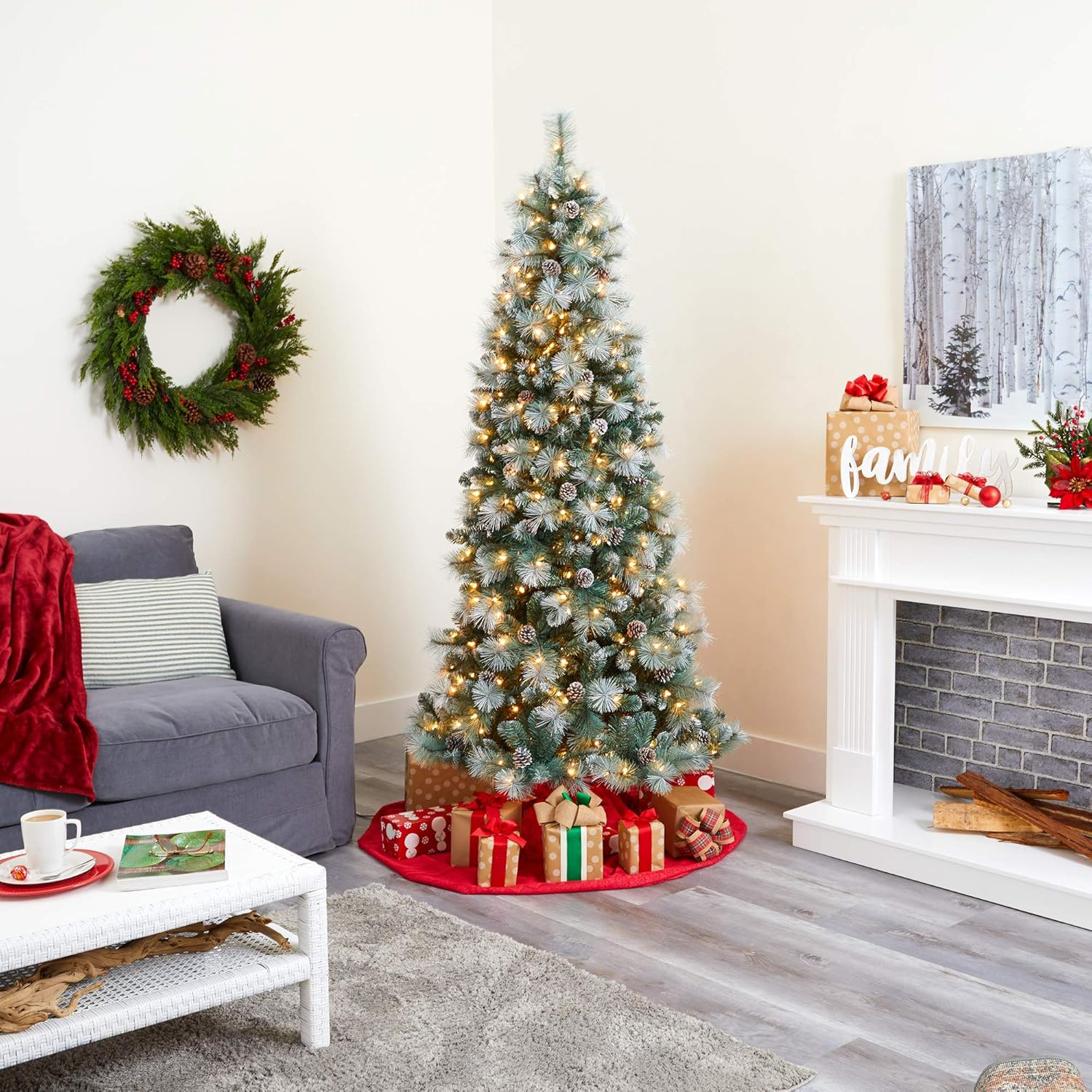 7Ft Frosted British Columbia Pine Tree with 400 Lights & Pine Cones