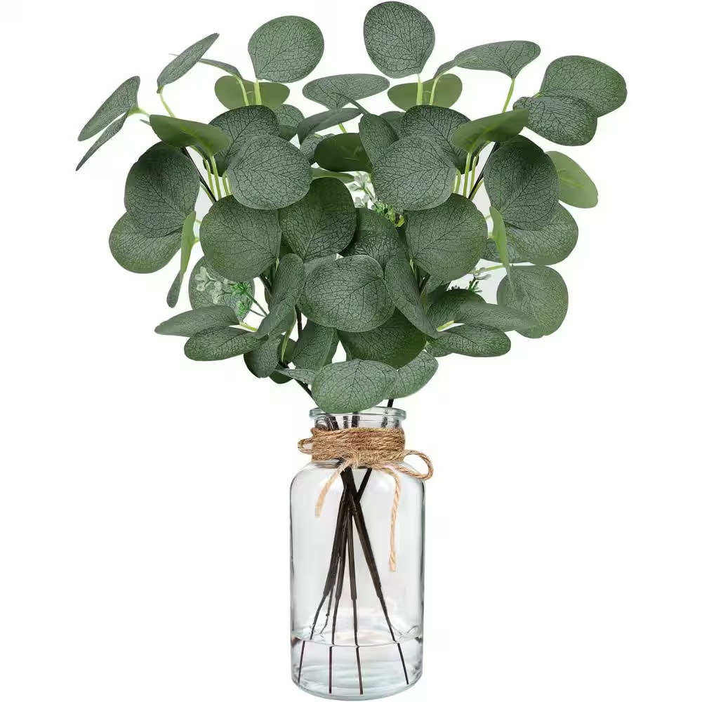 14 In. Green Artificial Eucalyptus Branch Stem 6Pcs Faux Leaf Plant in Glass Vas