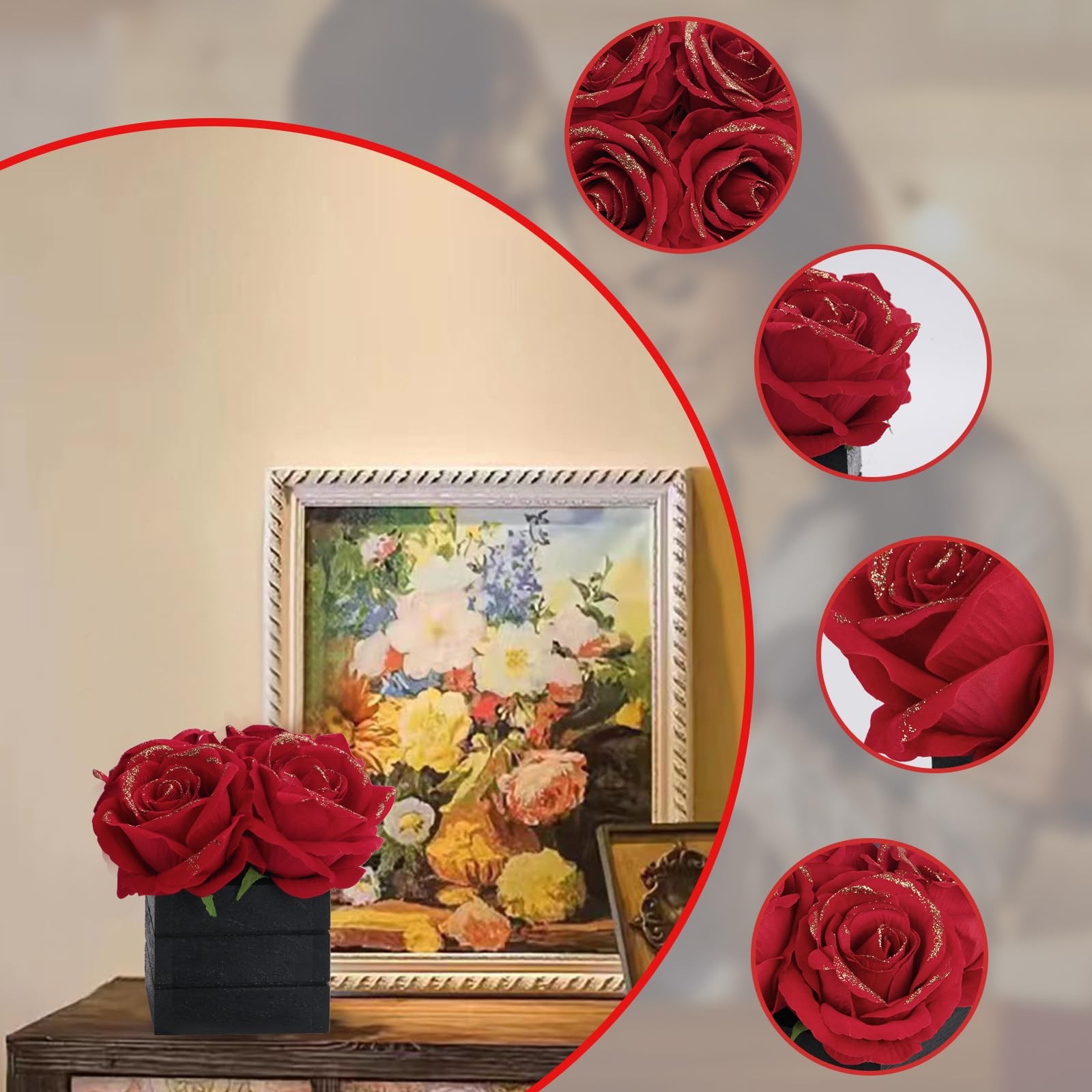 CVHOMEDECO. Artificial Red Roses with Wooden Vase Silk Red Glitter Rose in Bl…