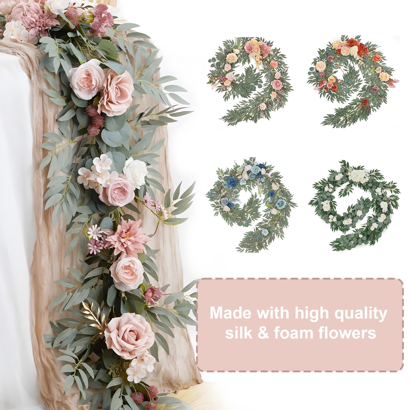 2PCS Fake Silk Rose Garland Real Touch Hanging Vine for Wedding Table Arch Decor