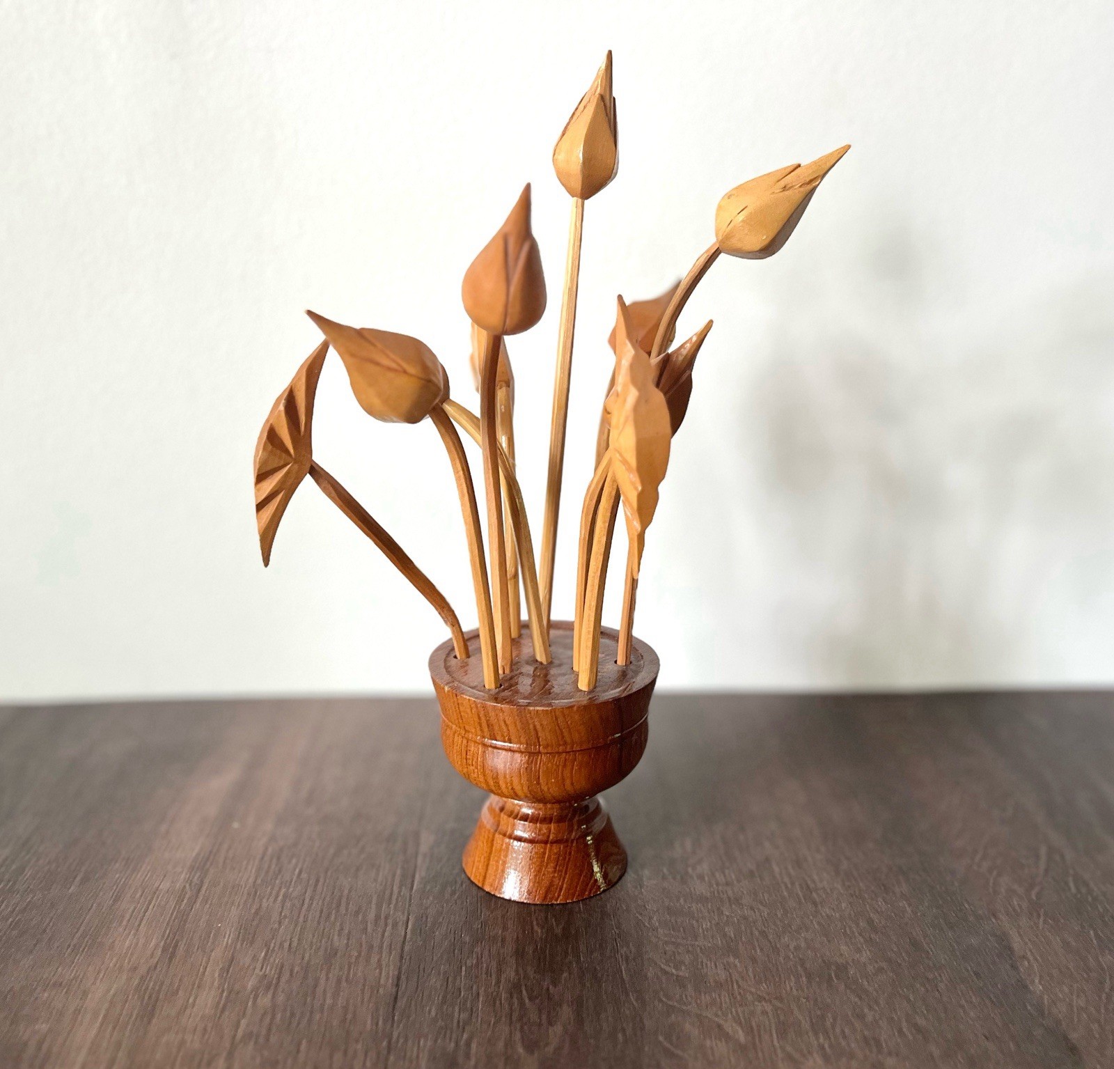 Hand Carved Monkey Pod Wooden Flower Arrangement Vase Mid century