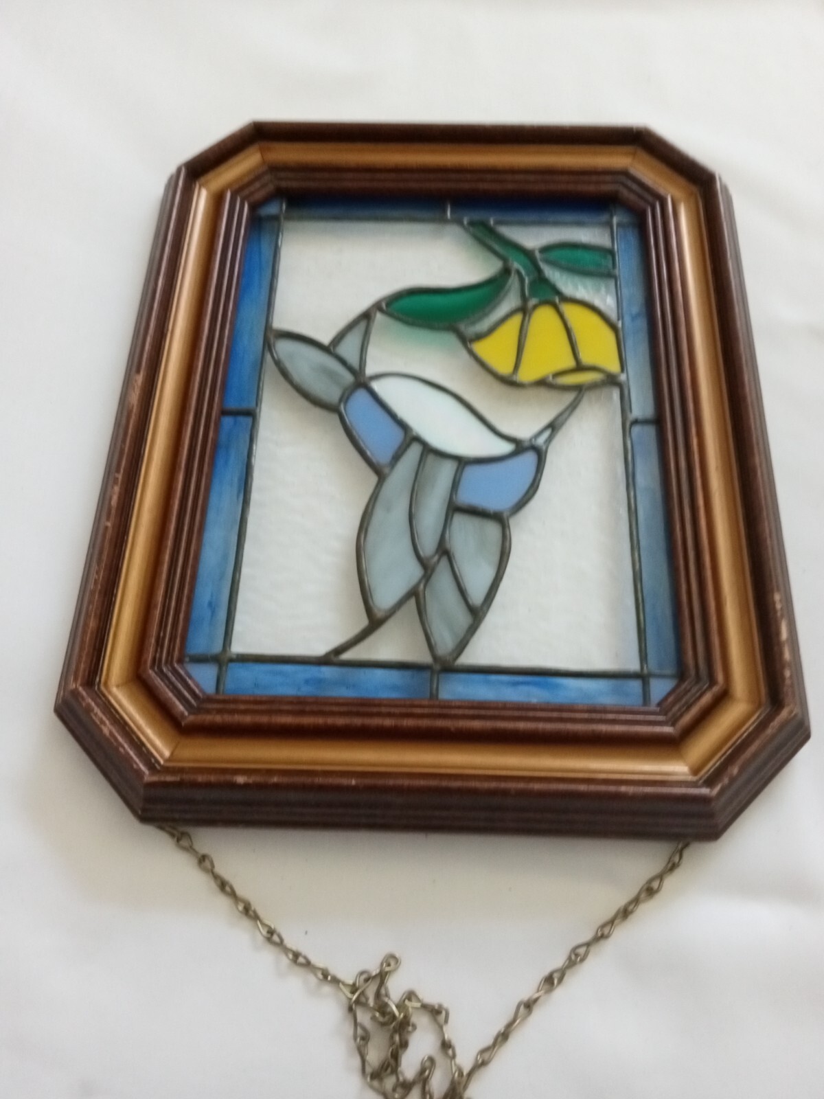 VINTAGE STAINED GLASS HANGING FRAMED ART FLOWER AND BIRD  16 X 12 1/4 IN